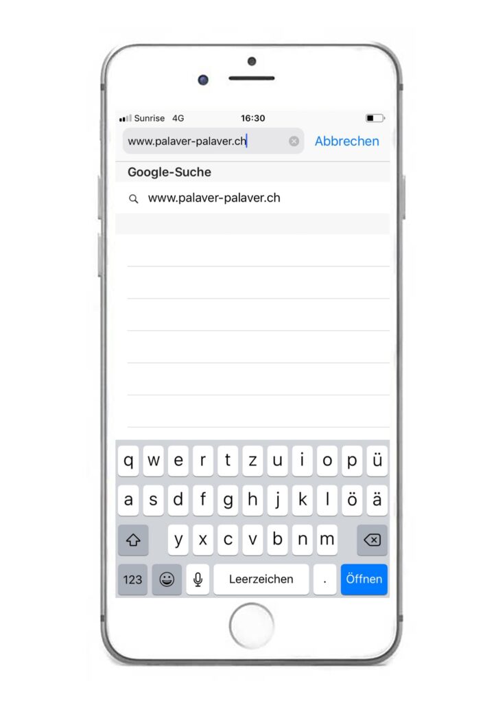 iPhone-Bildschirm mit palaver-palaver.ch Website